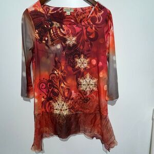 One World Women's Multicolor Christmas Print 3/4 Sleeve Blouse Petite Small